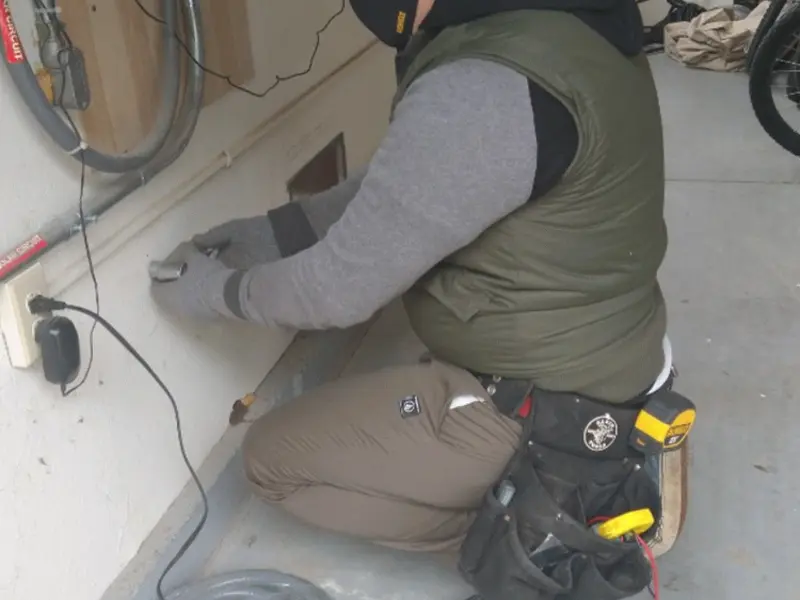 Electrician performing outlet wiring in a Deschutes River Woods garage